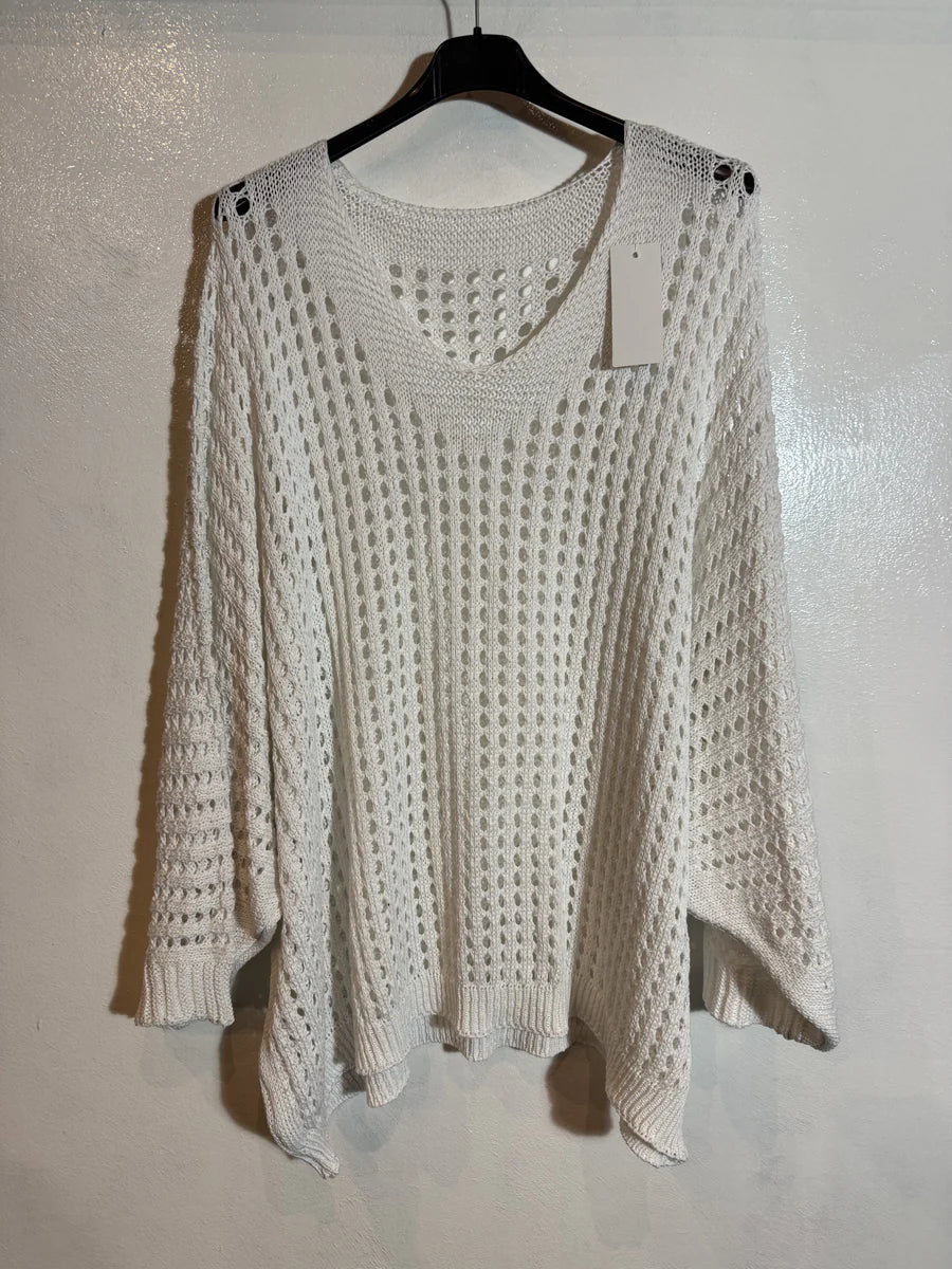 Pull maille ajourée manche chauve souris