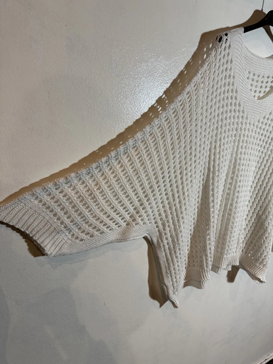Pull maille ajourée manche chauve souris