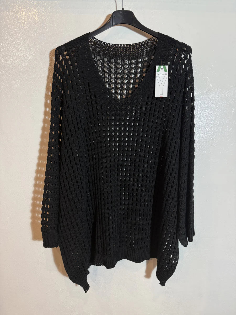 Pull maille ajourée manche chauve souris