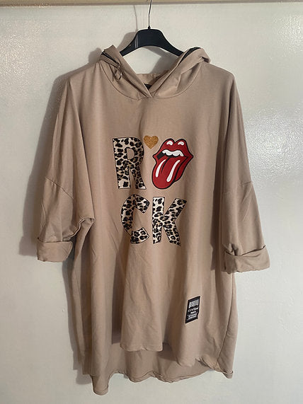 Sweat long à capuche imprimé Rock et sa bouche style rolling stones