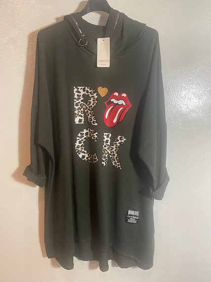 Sweat long à capuche imprimé Rock et sa bouche style rolling stones
