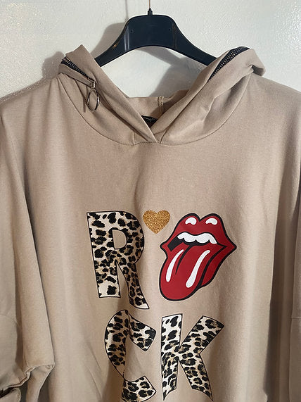 Sweat long à capuche imprimé Rock et sa bouche style rolling stones