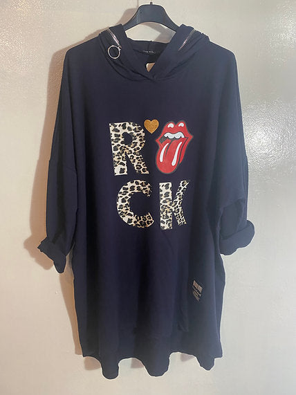 Sweat long à capuche imprimé Rock et sa bouche style rolling stones