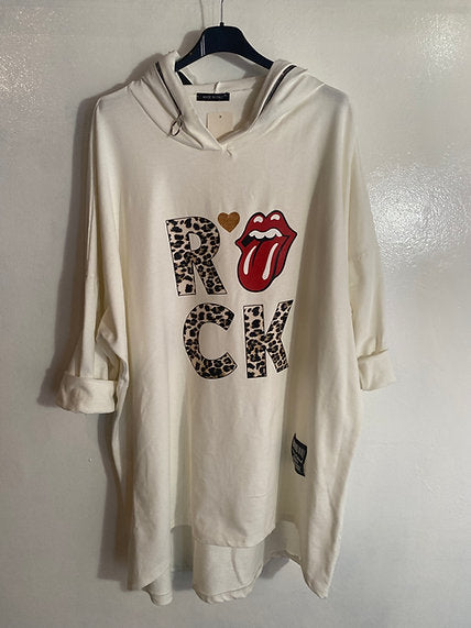 Sweat long à capuche imprimé Rock et sa bouche style rolling stones