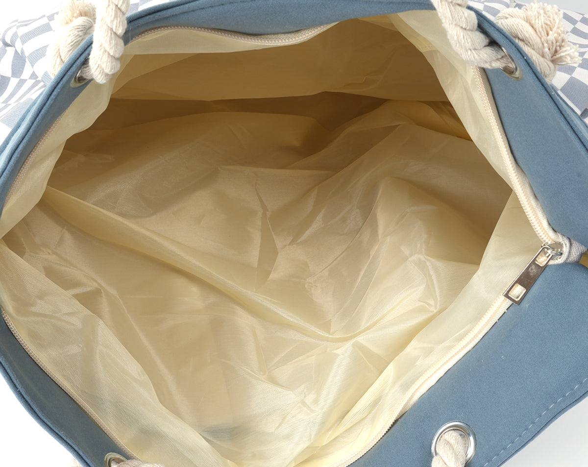 Sac Cabas Plage à Carreaux – Bleu Océan & Blanc
