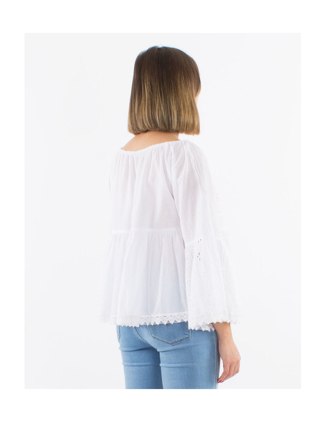 Blouse manches 3/4 bohème brodé, broderie anglaise