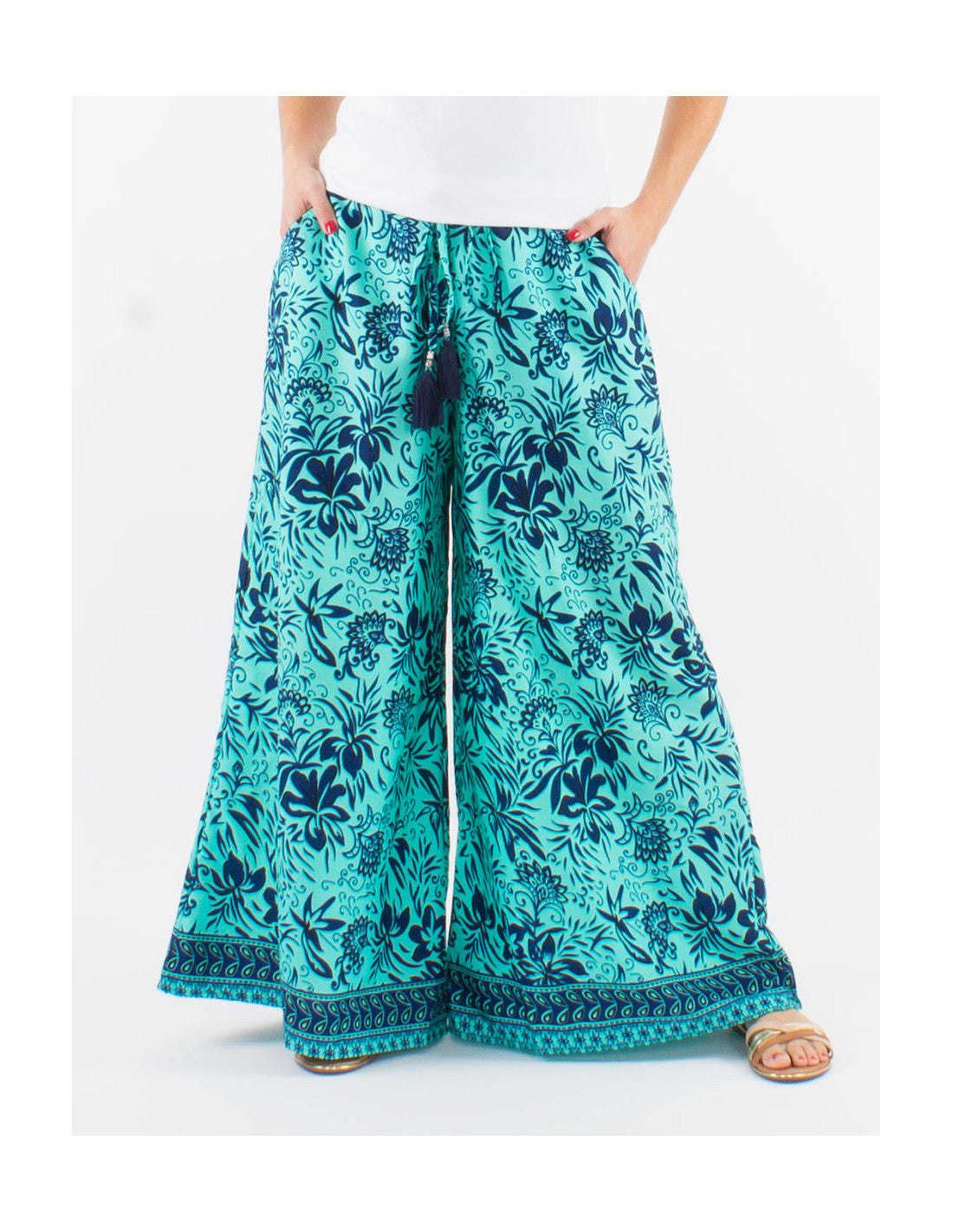 🌺 Pantalon Large Bohème Turquoise – Évasion et Élégance