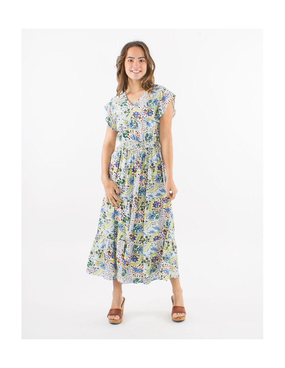 Robe midi à volants motifs boho pastels
