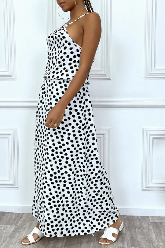 Robe longue blanche à pois noir