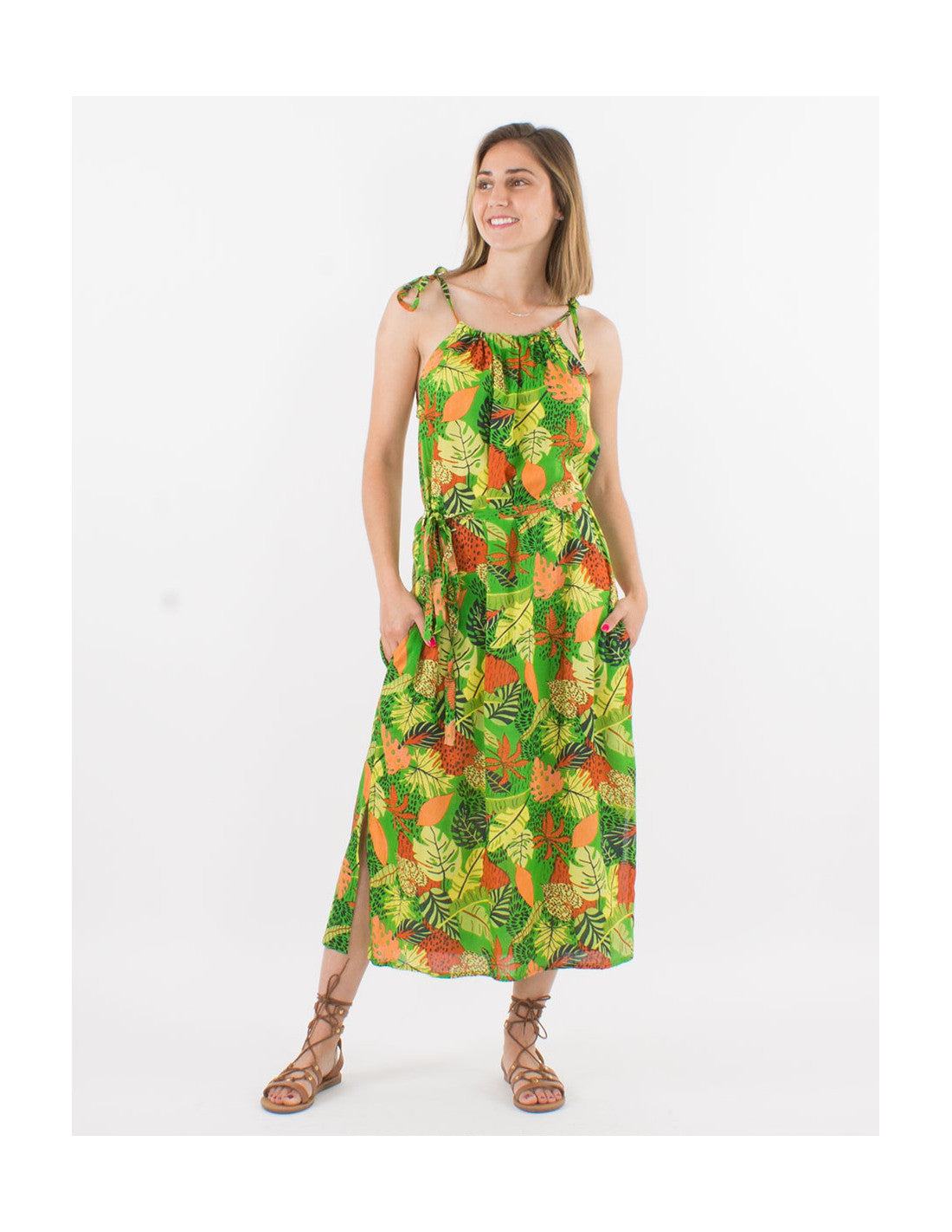 Robe longue d'été fendue motif tropical