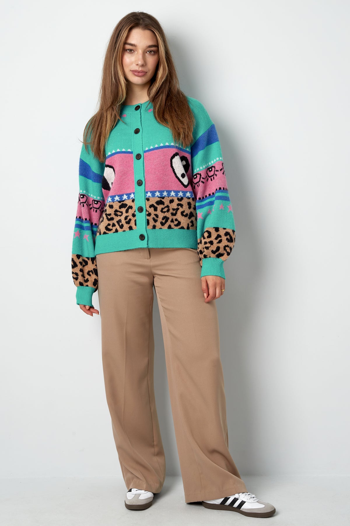 Cardigan Tricoté Mélange de Laine Femme Coupe Oversized Design Imprimé