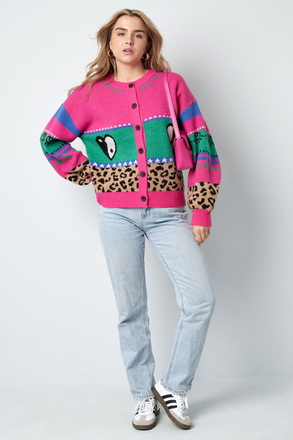 Cardigan Tricoté Mélange de Laine Femme Coupe Oversized Design Imprimé