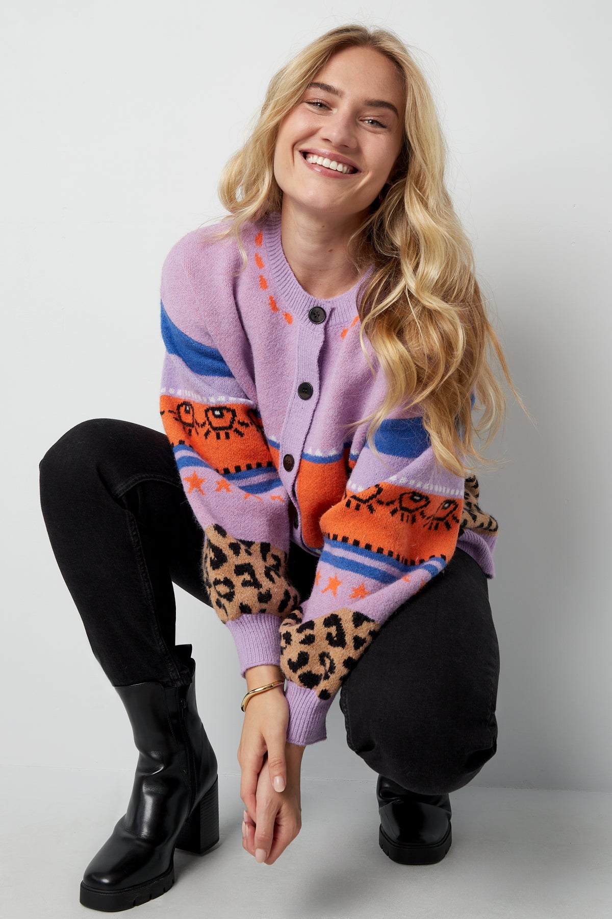 Cardigan Tricoté Mélange de Laine Femme Coupe Oversized Design Imprimé