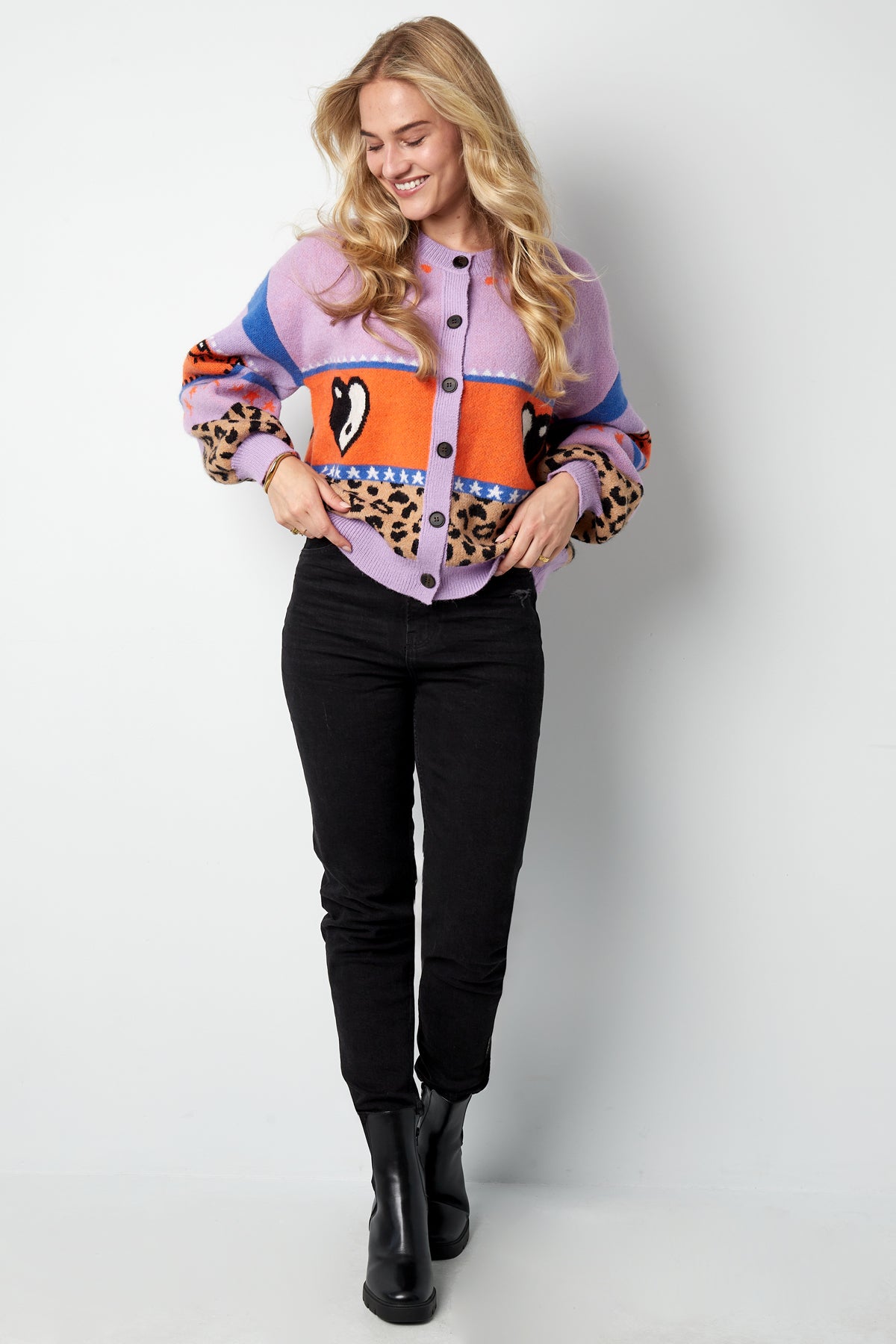 Cardigan Tricoté Mélange de Laine Femme Coupe Oversized Design Imprimé