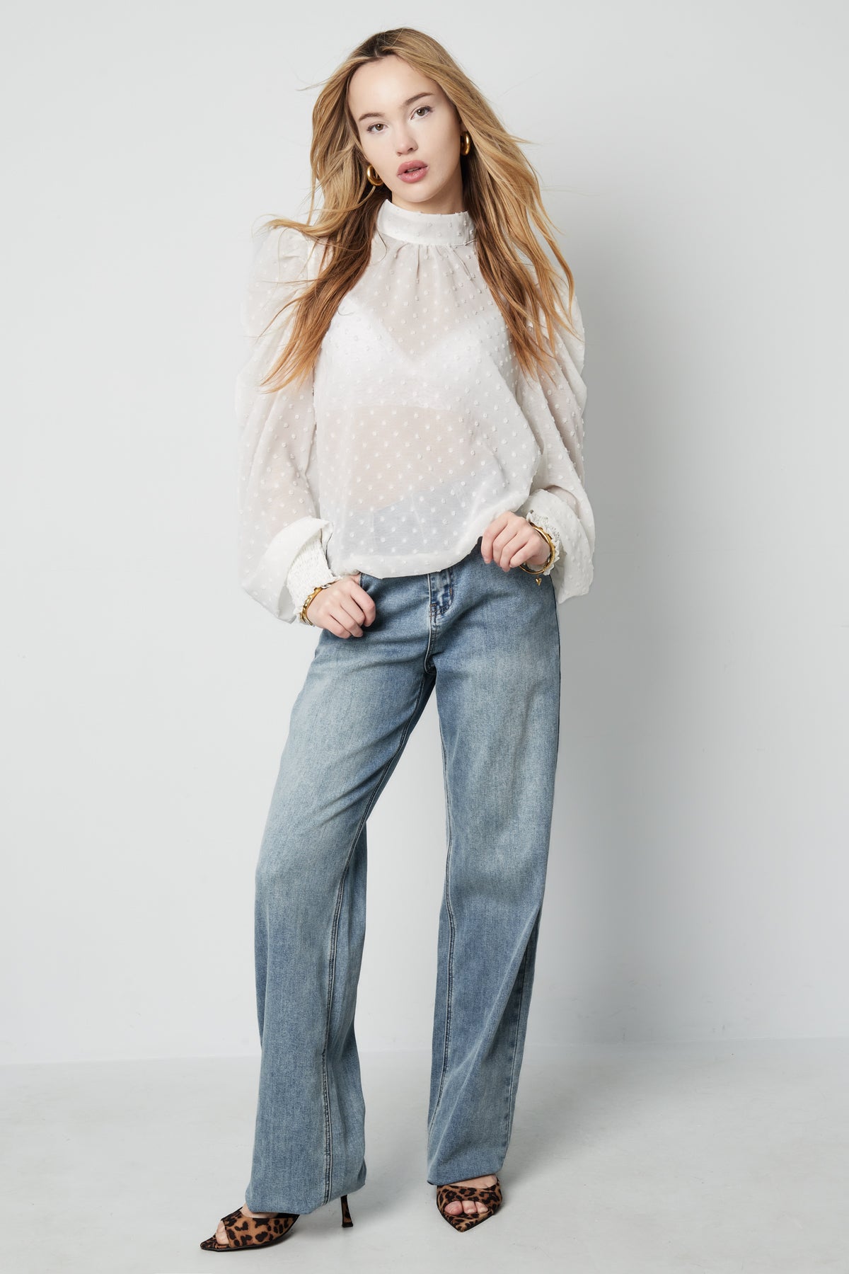 Polyester Femme Haut Manches Longues Puff Sleeve Col Montant