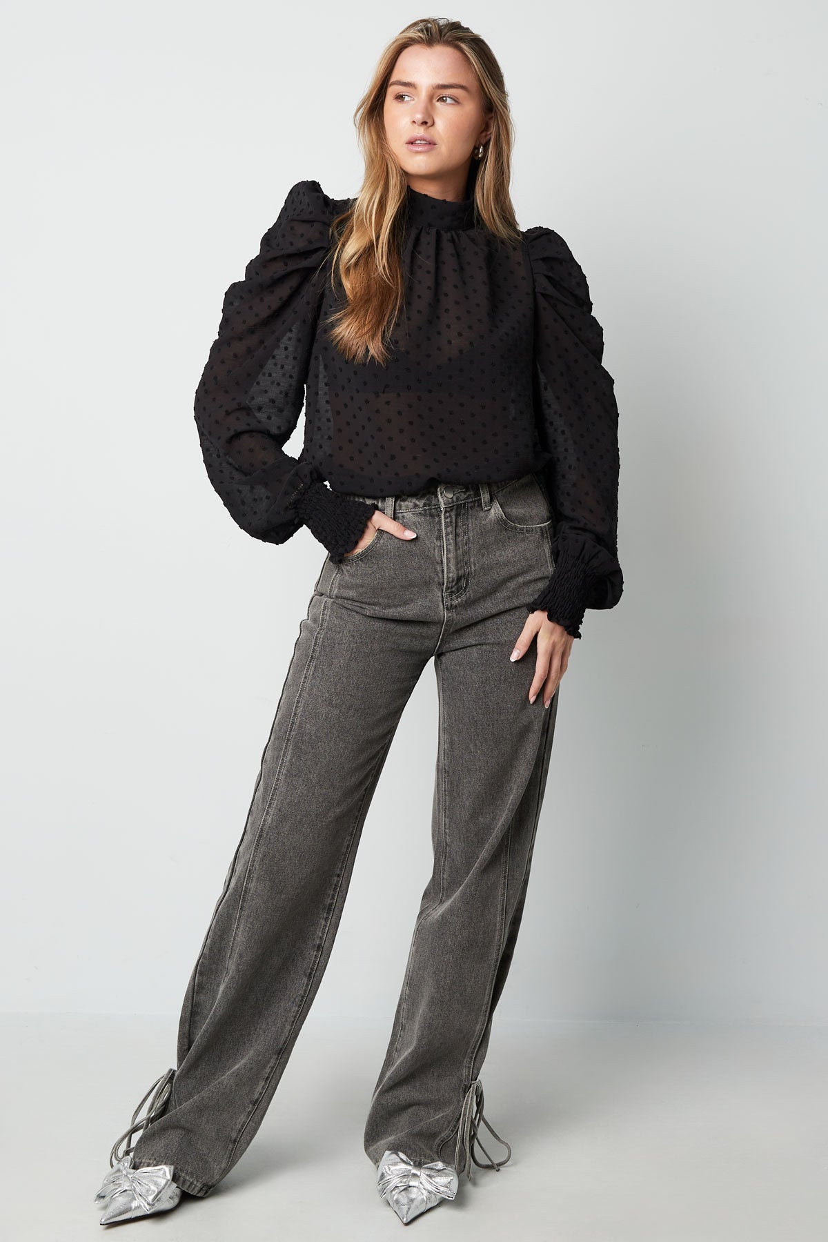 Polyester Femme Haut Manches Longues Puff Sleeve Col Montant