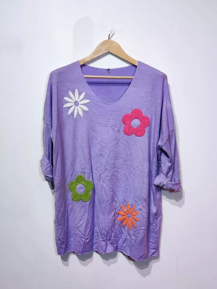 Pull fleur en pilou pilou tout doux tendance 70's couleur lilas