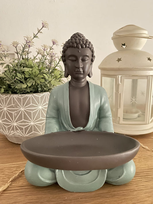 Bouddha - Statue déco Bodhi avec Plat vide poche en résine vert et marron - H18