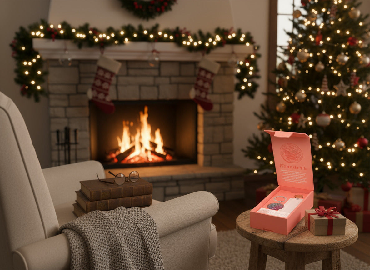 Coffret fleur de vie comprenant un marque page et un porte clé