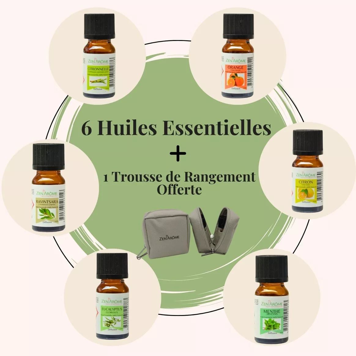 Huiles Essentielles 100% Naturelles x 6 senteurs indispensables + 1 Trousse de Rangement Offerte