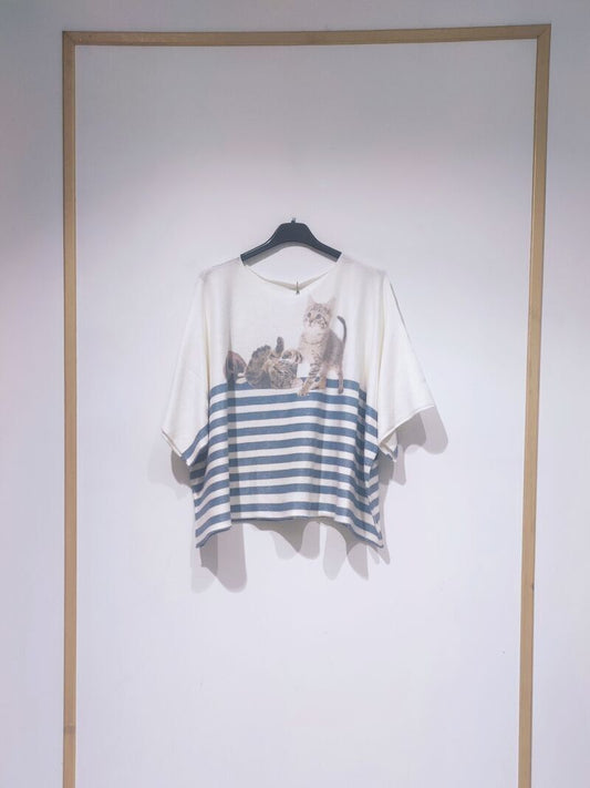 Pull oversize manches courtes imprimés chat ou fleur
