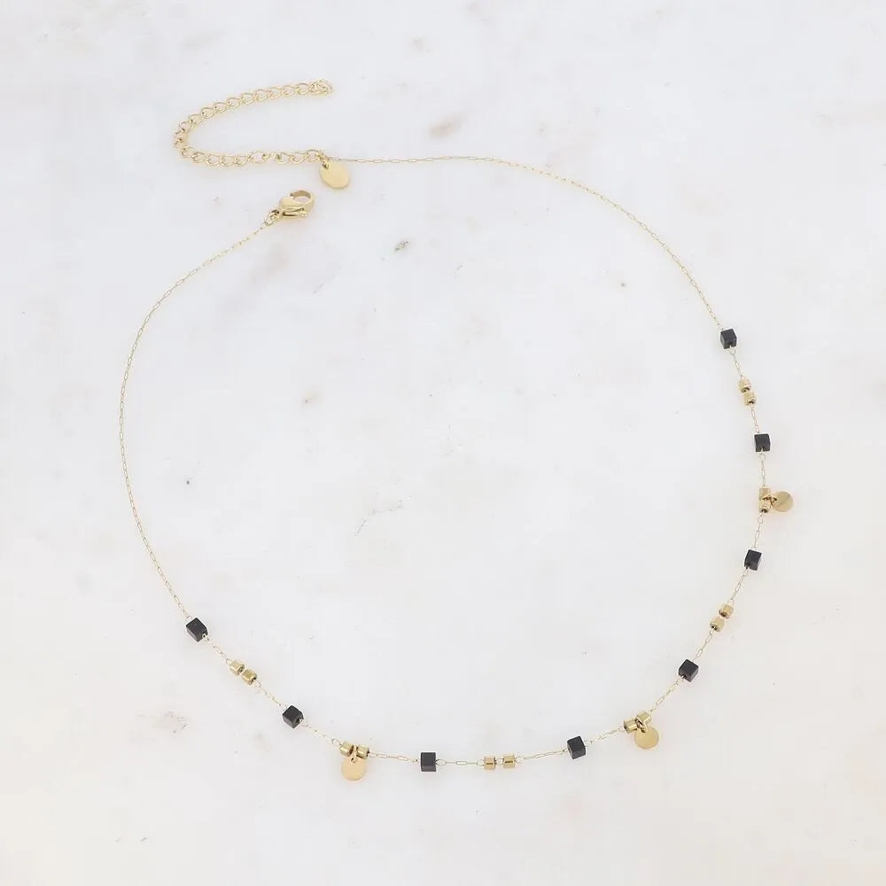 Collier Fin - Pierres Naturelles & Pampilles Rondes | Acier Inoxydable