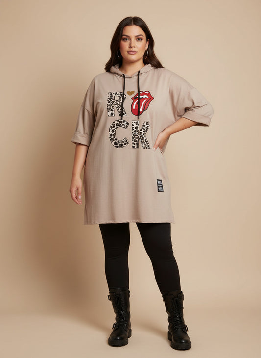 Sweat long à capuche imprimé Rock et sa bouche style rolling stones GT