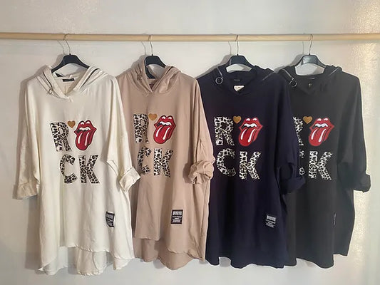 Sweat long à capuche imprimé Rock et sa bouche style rolling stones