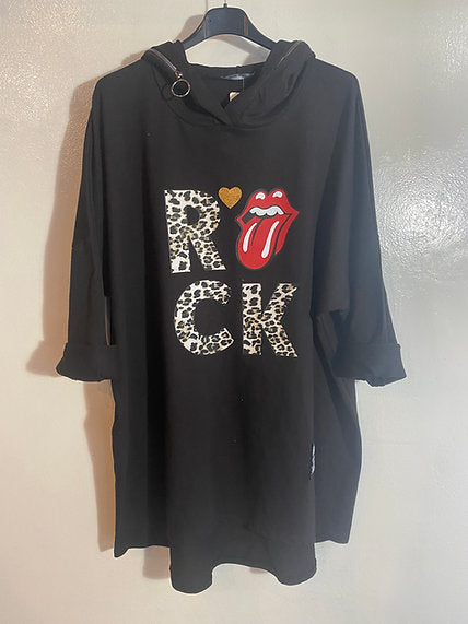 Sweat long à capuche imprimé Rock et sa bouche style rolling stones