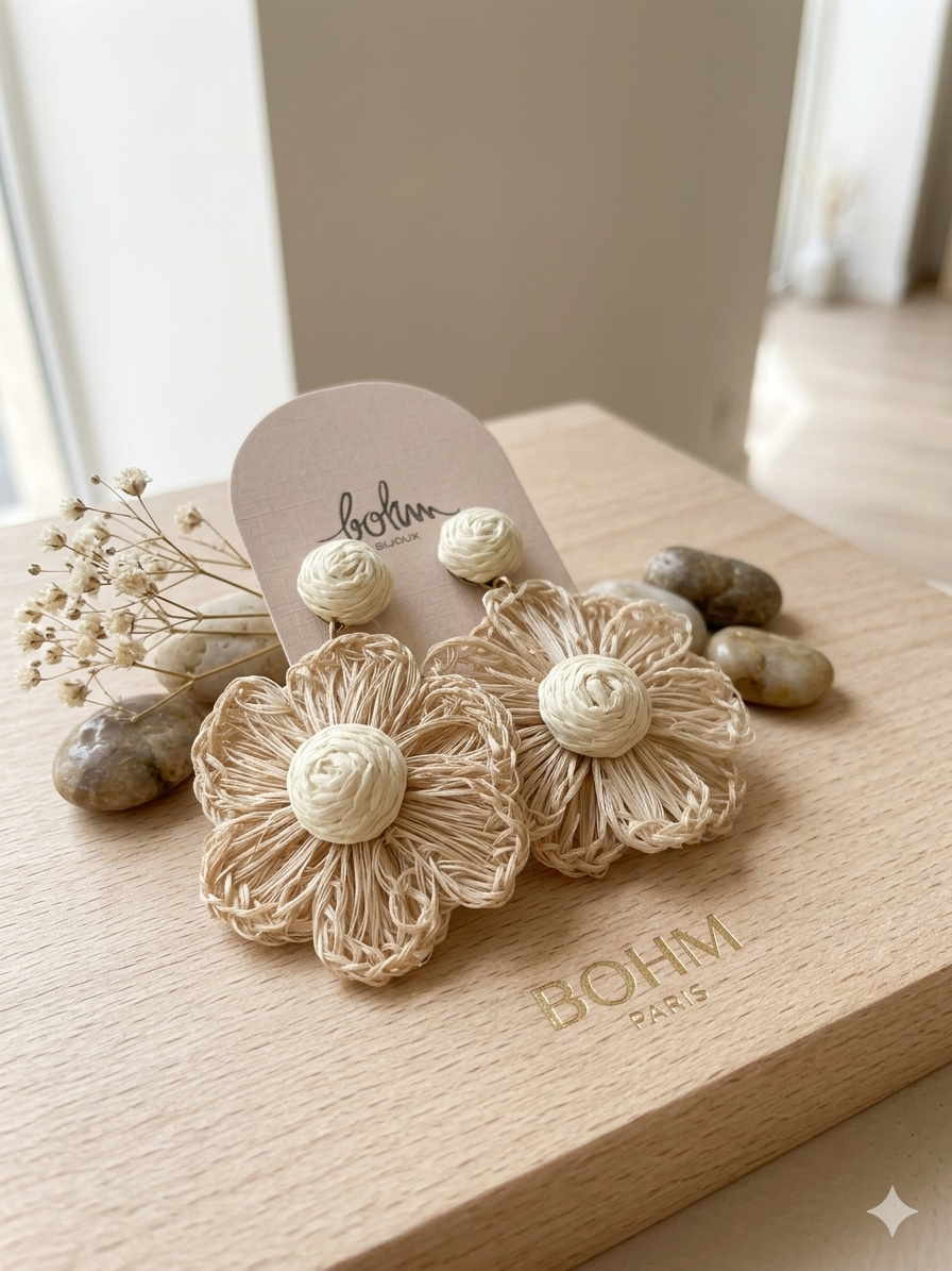 Boucle d'oreille fleur en raphia 4 couleurs Bohm Paris