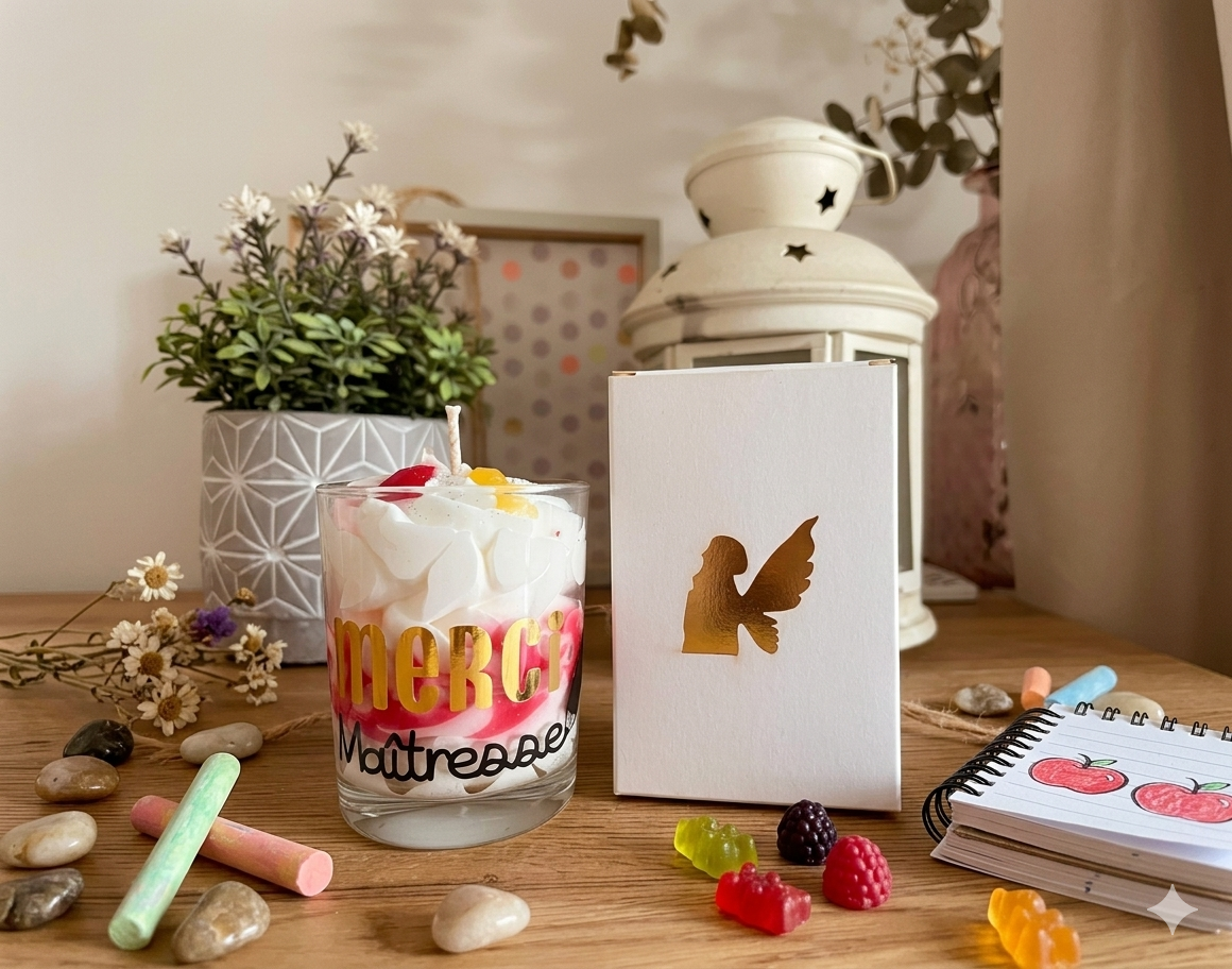 Bougie gourmande artisanale "Merci maîtresse" parfum cerise 100% végétale
