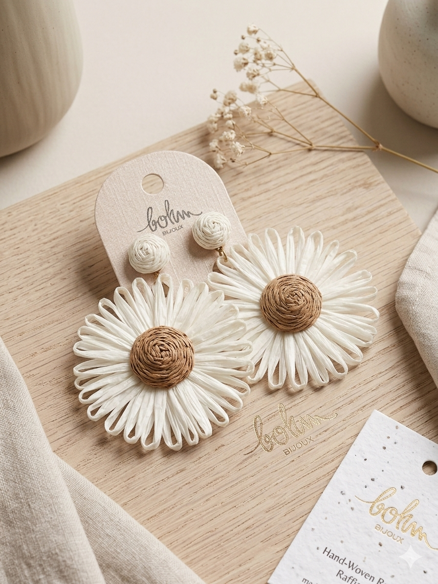 Boucle d'oreille fleur en raphia 4 couleurs Bohm Paris