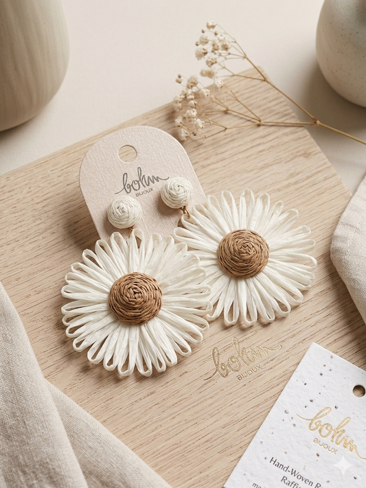 Boucle d'oreille fleur en raphia 4 couleurs Bohm Paris