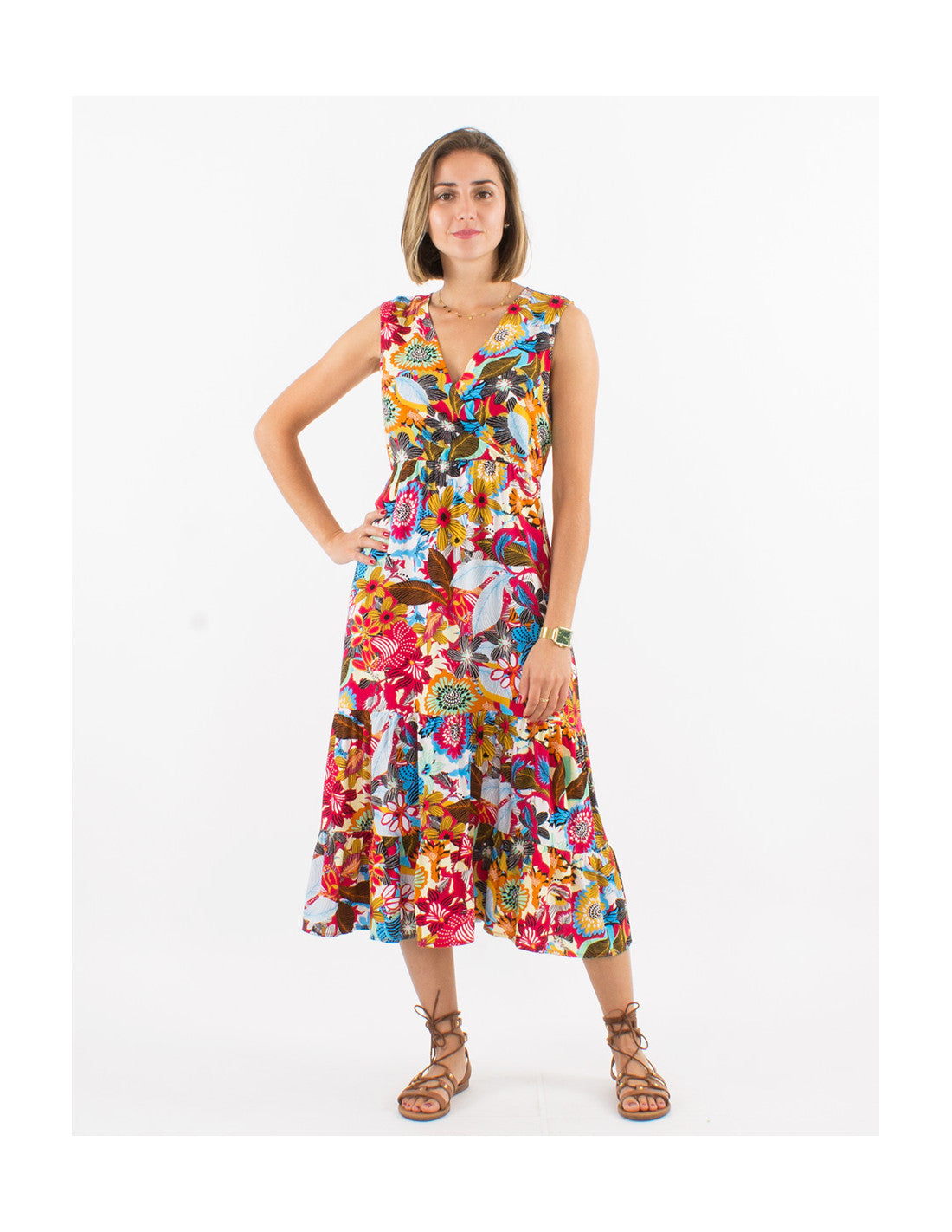 Robe midi boho motifs fleurs colorées