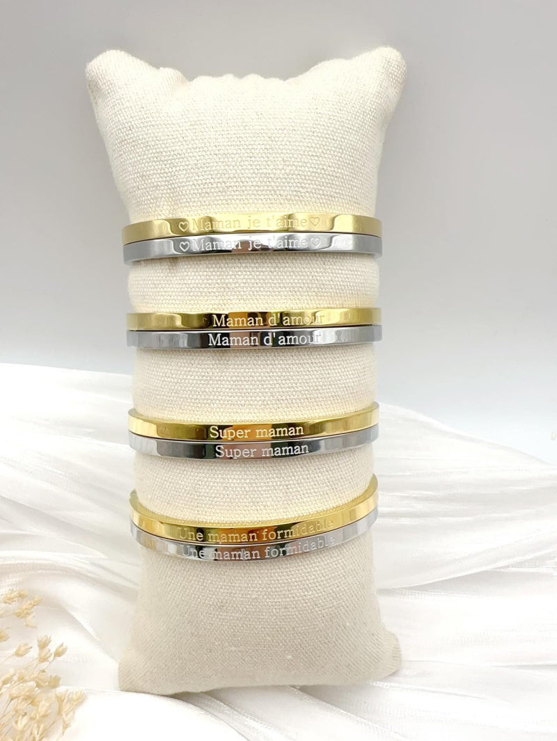 Bracelet jonc gravé Maman et message en acier inoxydable
