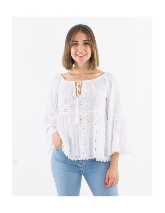 Blouse manches 3/4 bohème brodé, broderie anglaise