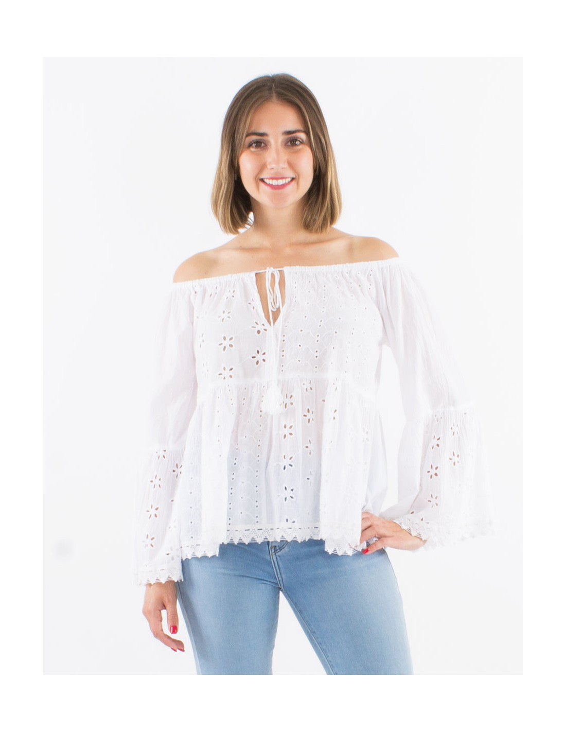 Blouse manches 3/4 bohème brodé, broderie anglaise