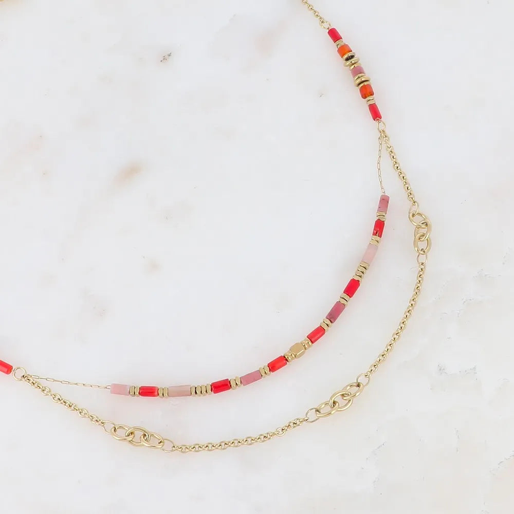 Collier 2 Rangs - Maille Alternée & Pierres Naturelles | Acier Inoxydable