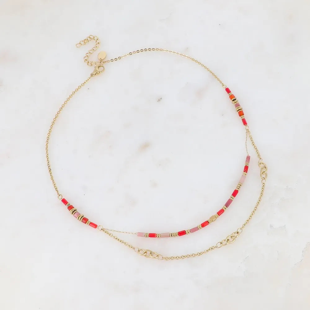 Collier 2 Rangs - Maille Alternée & Pierres Naturelles | Acier Inoxydable