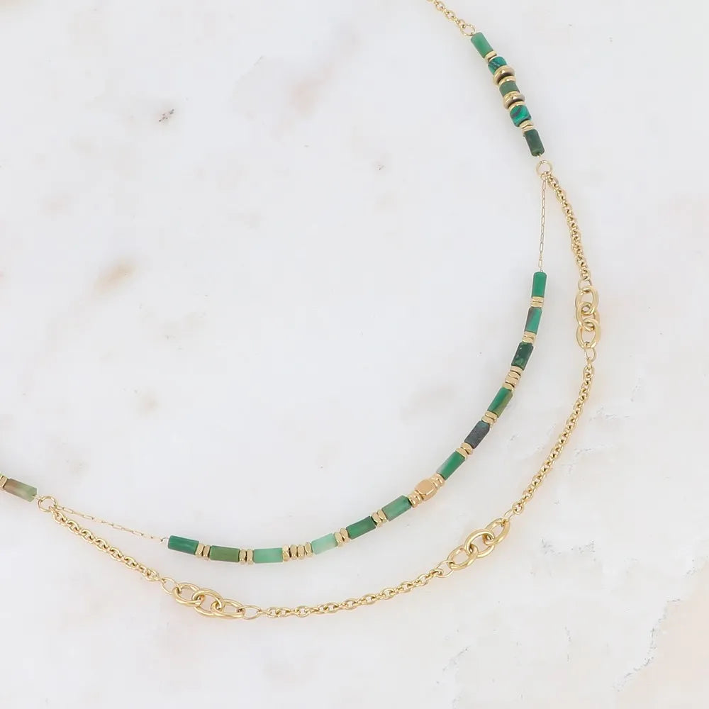 Collier 2 Rangs - Maille Alternée & Pierres Naturelles | Acier Inoxydable