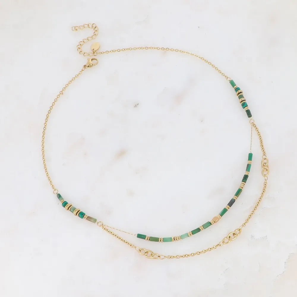 Collier 2 Rangs - Maille Alternée & Pierres Naturelles | Acier Inoxydable
