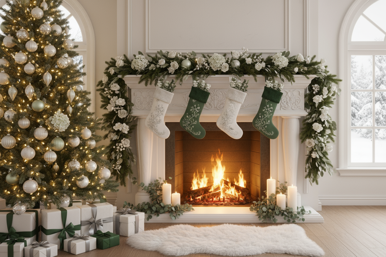 Noël magique blanc et vert au coin de la cheminée