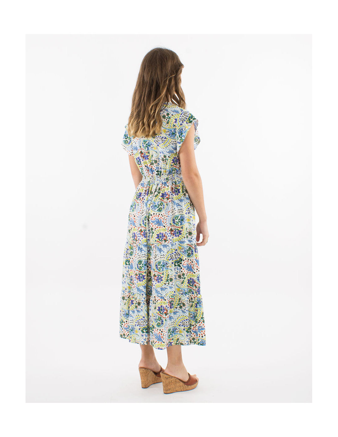 Robe midi à volants motifs boho pastels