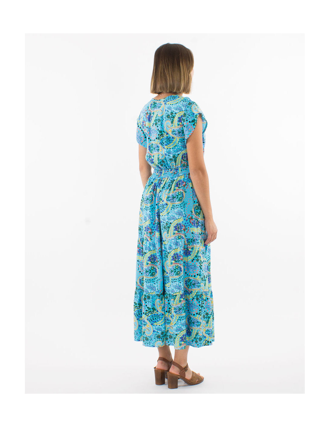 Robe midi à volants motifs boho pastels