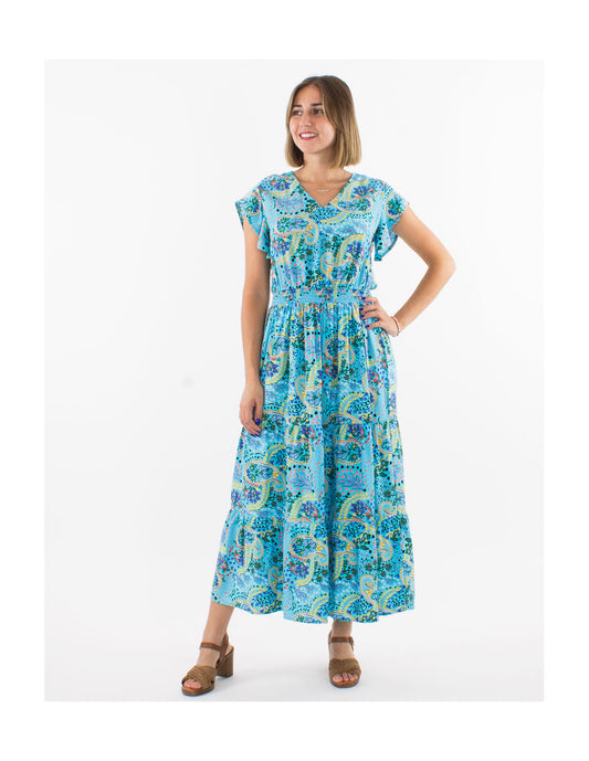 Robe midi à volants motifs boho pastels