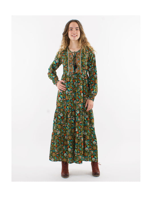 Robe longue boho fleurie liens pompons