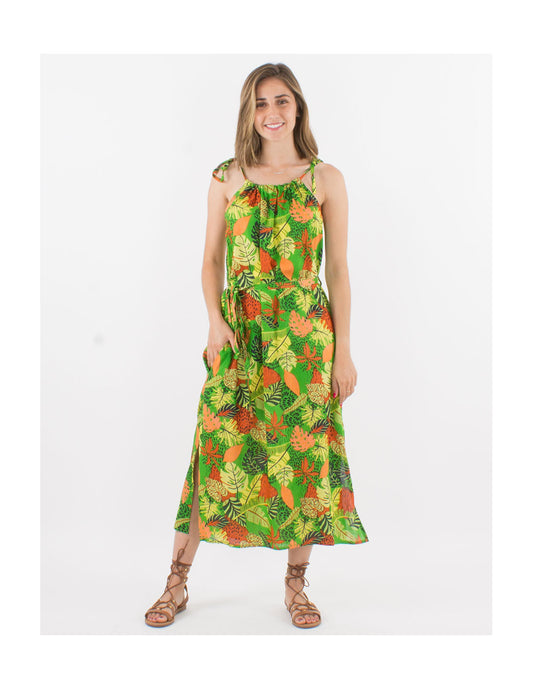 Robe longue d'été fendue motif tropical