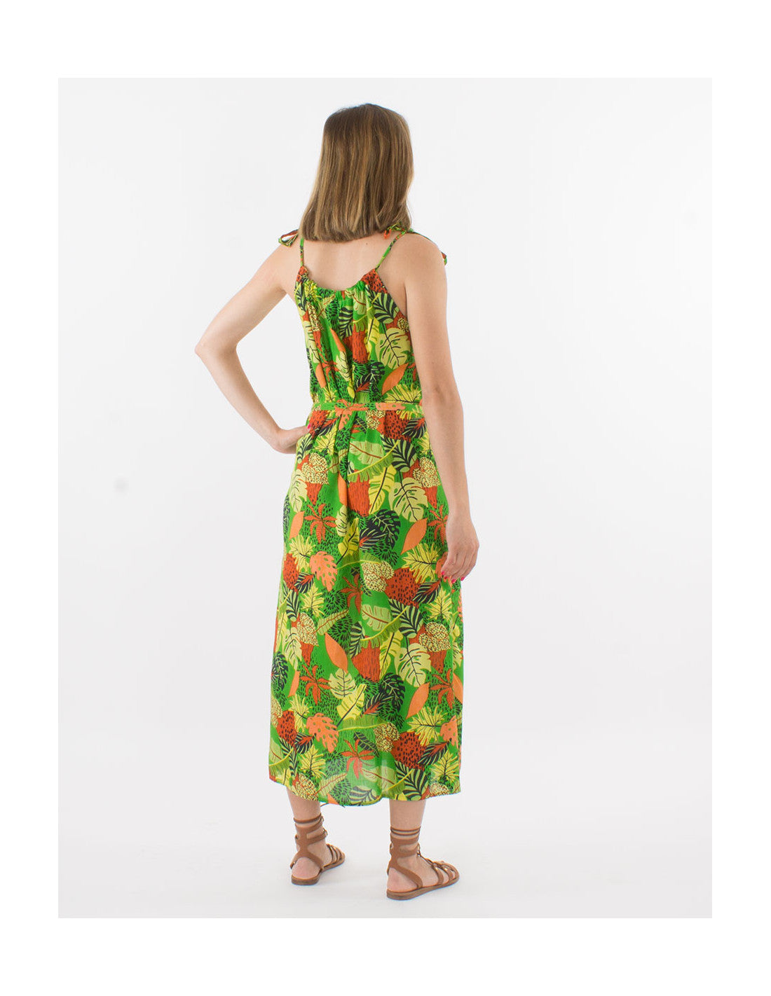 Robe longue d'été fendue motif tropical