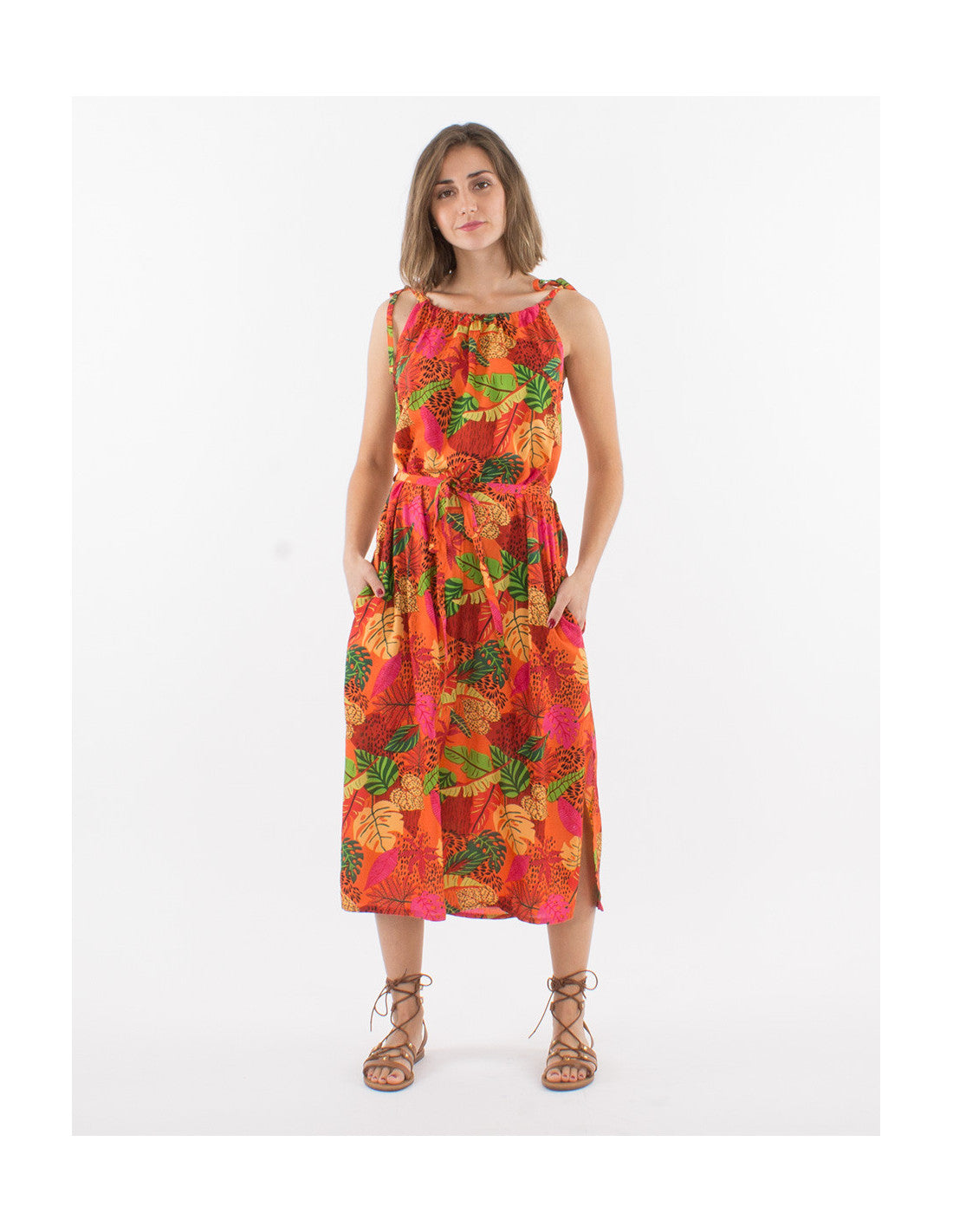 Robe longue d'été fendue motif tropical