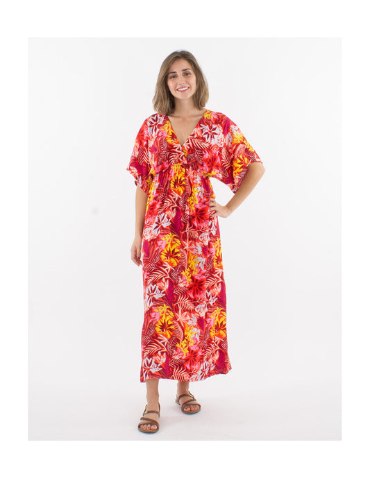 Robe longue kimono cache cœur tropicale